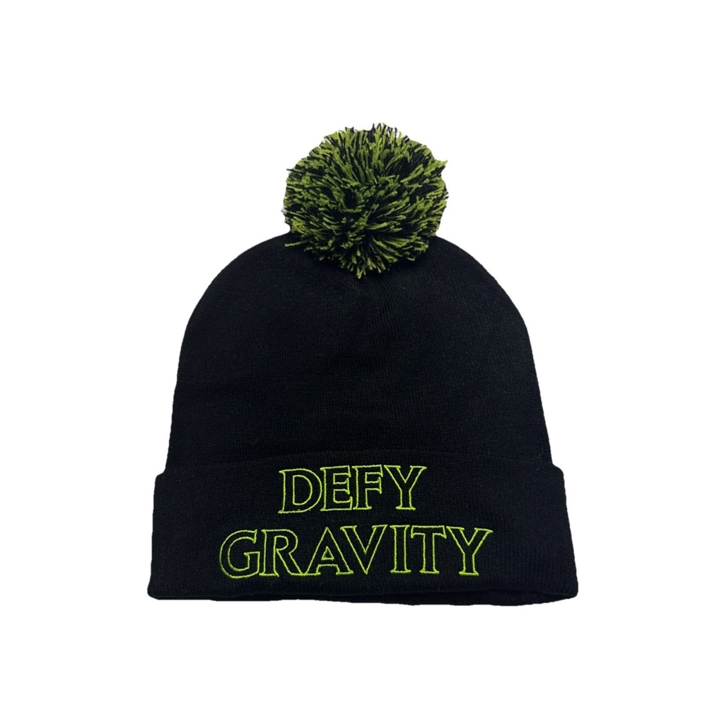 Defy Gravity Beanie Hat‎ Black Lime Green Embroidered Cuffed Pom Pom Knit Cap